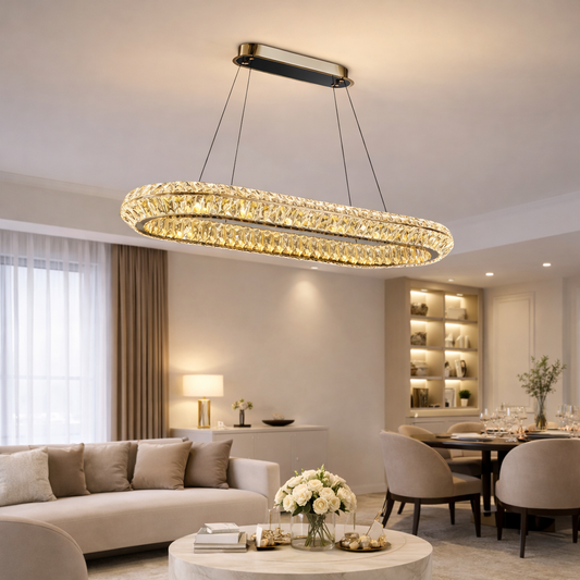 Lampadario LED con Telecomando, LLC132/900X300GD, Cristallo e Metallo, 39W, 1 Cerchio, Dimmerabile, Altezza Regolabile, Luce Fredda/Calda/Neutra, Illuminazione di Lusso Lampadari LED con Telecomando Titolo predefinito Alessandro Design