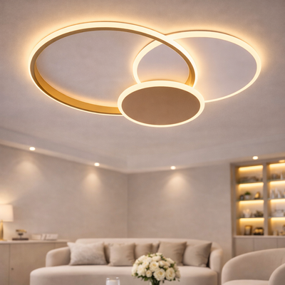 Lampadario LED con telecomando KILLIAN 46W, 3 Cerchi, Luce Fredda/Calda/Neutra 3000K/4000K/6000K, Dimmerabile, Oro Bianco