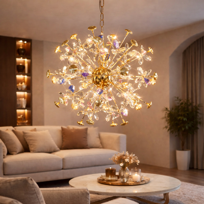 Candelabru Modern cu Cristal, FloraLux, 32xG4, Auriu si Cristale , 54.5cm, Inaltime Reglabila, Metal si Cristal