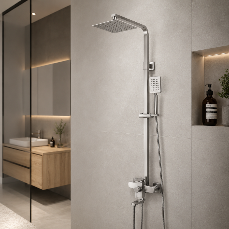 SET Colonna doccia con rubinetto, Acciaio inox, para quadro, effetto pioggia, 3 funzioni, fissaggio a parete, Satinato, Accessori Inclusi, LY005 Rubinetti & Colonne Doccia Titolo predefinito Alessandro Design