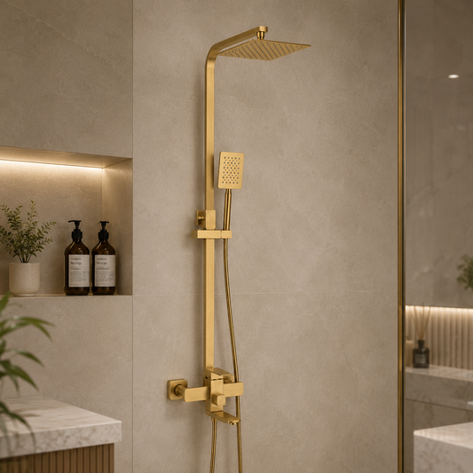 SET Colonna doccia con rubinetto, Acciaio inox, Doccia quadra, Effetto pioggia, 3 funzioni, Montaggio a parete, Finitura oro spazzolato, Accessori inclusi Rubinetti e colonne doccia Titolo predefinito Alessandro Design