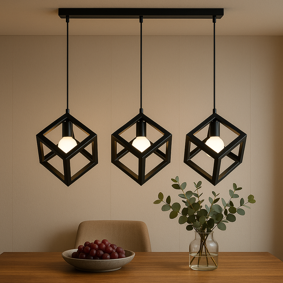 Lampadario a forma di cubo, STRUKTUR Linear Trio, 3x E27, Nero, Lucentezza del metallo Titolo predefinito industriale Alessandro Design