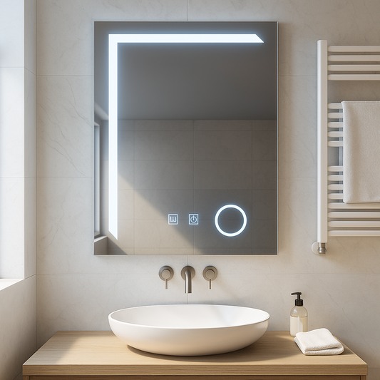 Specchio LED rettangolare, 50x70cm, Linea Touch, Sistema Demister, Specchi Dimmerabili Korman E Titolo predefinito Alessandro Design