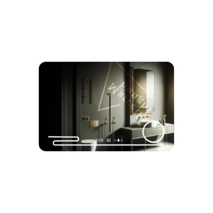 Specchio rettangolare a LED, 100x60 cm, Harmonie MotionGlow Marcello, sistema antiappannamento, orologio e termometro, lente d'ingrandimento cosmetica, specchi Marcello dimmerabili Titolo predefinito Alessandro Design