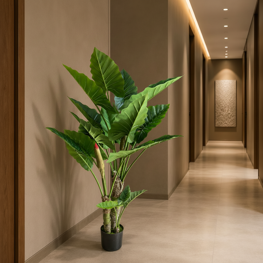 Pianta artificiale tipo Alocasia, 3 steli, 160 cm, verde