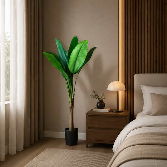 Pianta di banano artificiale, 130 cm, 6 foglie, verde, con vaso