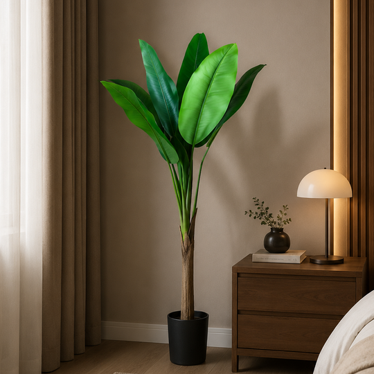 Pianta di banano artificiale, 130 cm, 6 foglie, verde, con vaso