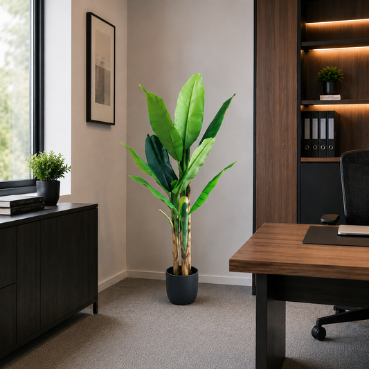 Pianta di banano artificiale, 140 cm, 3 steli, 11 foglie, verde, con vaso
