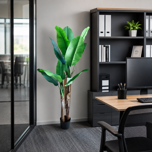 Pianta di banano artificiale, 160 cm, 2 steli, 10 foglie, verde, con vaso