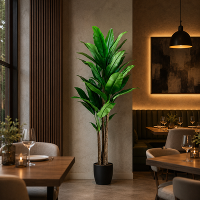 Pianta di banano artificiale, 190 cm, 3 steli, 27 foglie, verde, con vaso