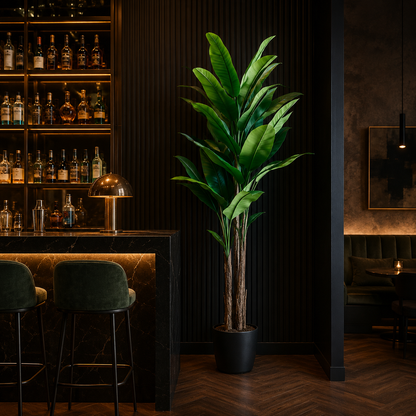 Pianta di banano artificiale, 190 cm, 3 steli, 27 foglie, verde, con vaso