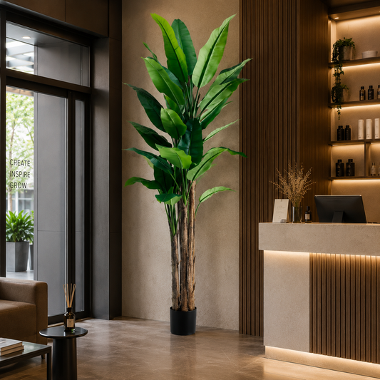 Pianta di banano artificiale, 210 cm, 31 foglie, verde, con vaso