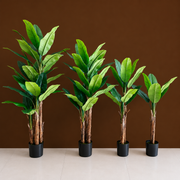 Pianta di banano artificiale, 160 cm, 2 steli, 10 foglie, verde, con vaso