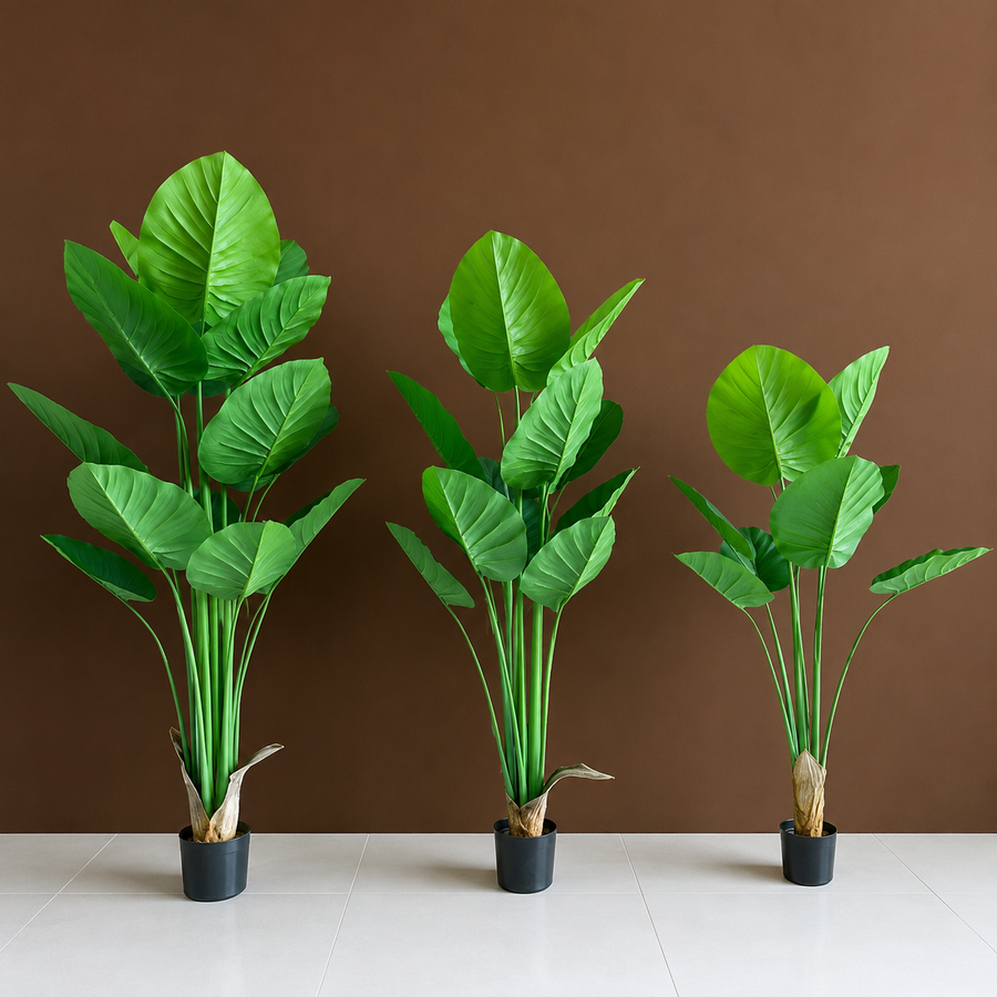 Pianta artificiale tipo Strelitzia, 130 cm, 9 foglie, verde