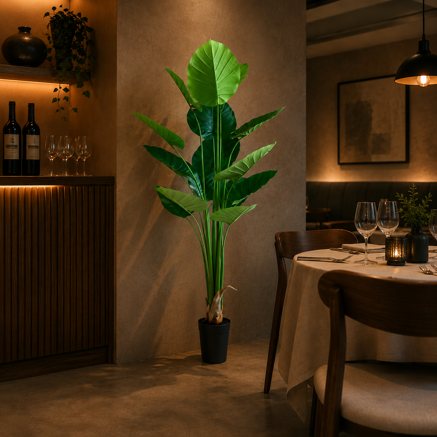 Pianta artificiale tipo Strelitzia, 180 cm, 15 foglie, verde