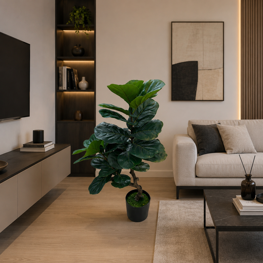 Pianta artificiale tipo albero Ficus, 2 rami, 100 cm, verde, con vaso
