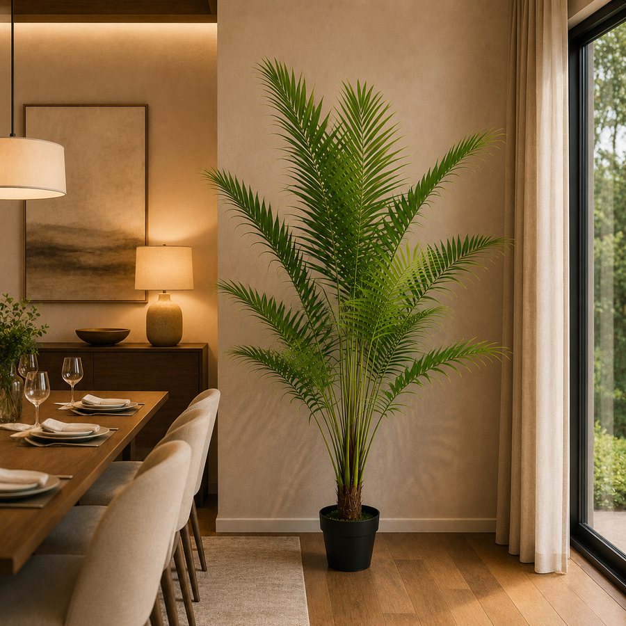 Pianta di palma Kentia artificiale, con foglie eleganti, 200 cm, 15 foglie, verde, con vaso