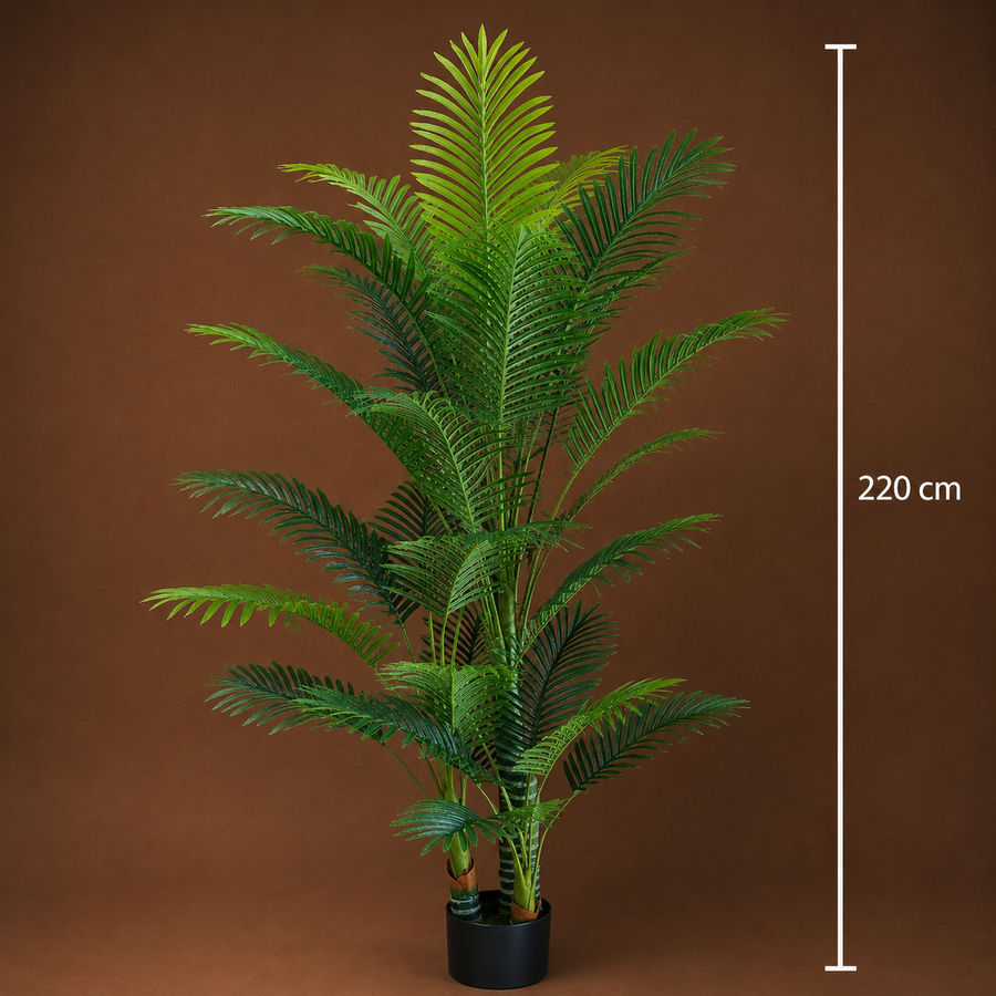 Pianta artificiale di palma Kentia, 3 steli, 17 foglie, 220 cm, verde, con vaso