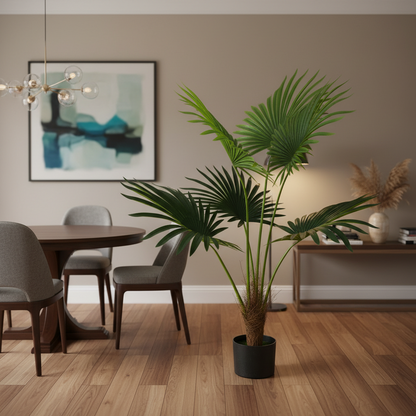 Pianta artificiale Livistona tipo palma, 5 foglie, 120 cm, verde