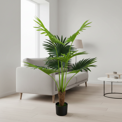 Pianta artificiale Livistona tipo palma, 7 foglie, 140 cm, verde
