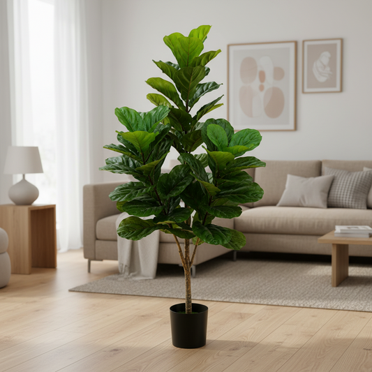 Pianta di fico artificiale, plastica, 3 bracci, 160 cm, verde, con vaso