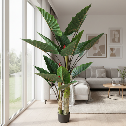 Pianta Alocasia Artificiale A Foglie Larghe, 2 tronchi, 190 cm, Verde