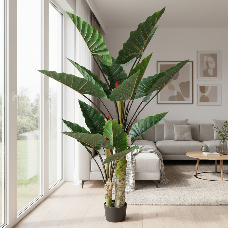 Pianta Alocasia Artificiale A Foglie Larghe, 2 tronchi, 190 cm, Verde