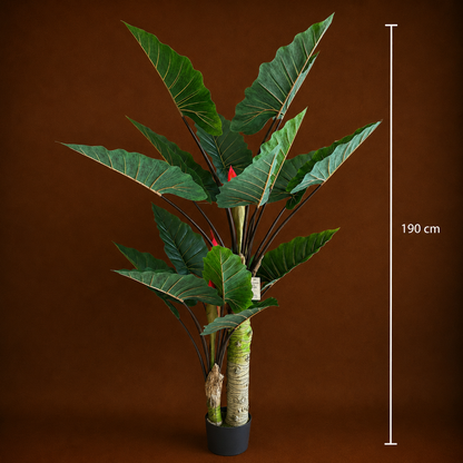 Pianta Alocasia Artificiale A Foglie Larghe, 2 tronchi, 190 cm, Verde