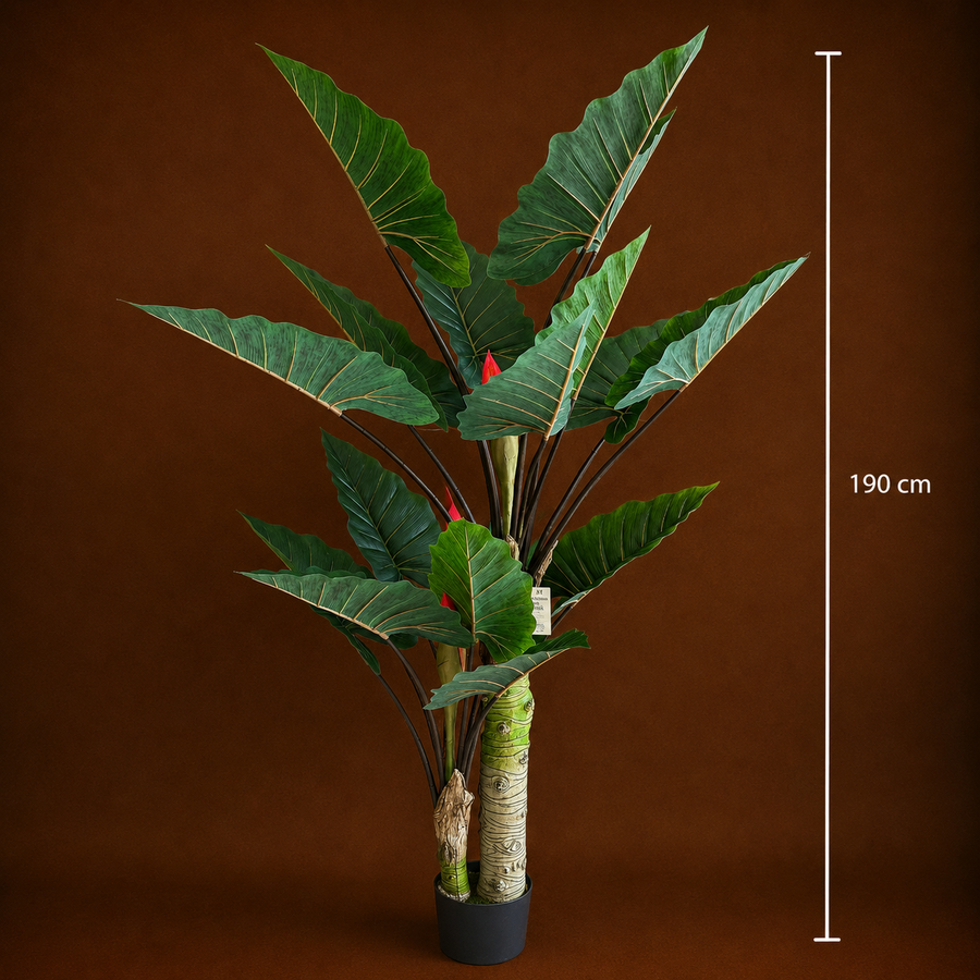 Pianta Alocasia Artificiale A Foglie Larghe, 2 tronchi, 190 cm, Verde