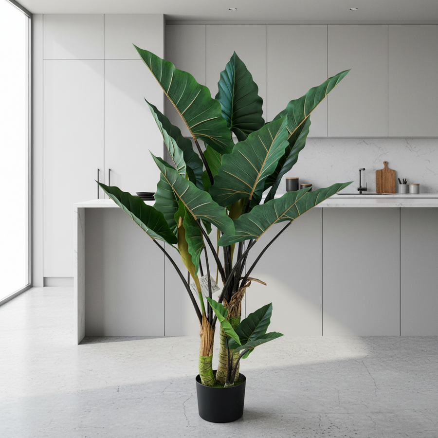 Pianta Alocasia Artificiale A Foglie Larghe, 3 Tronchi, Plastica, 160 cm, Verde