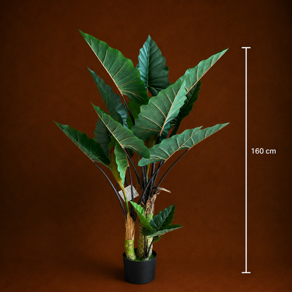 Pianta Alocasia Artificiale A Foglie Larghe, 3 Tronchi, Plastica, 160 cm, Verde