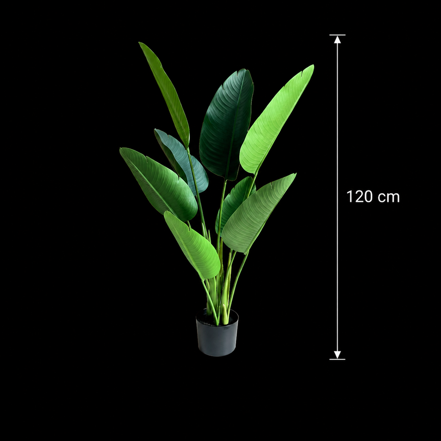 Pianta artificiale tipo Strelitzia Nicolai (Uccello del Paradiso), 120 cm, 8 foglie, Verde