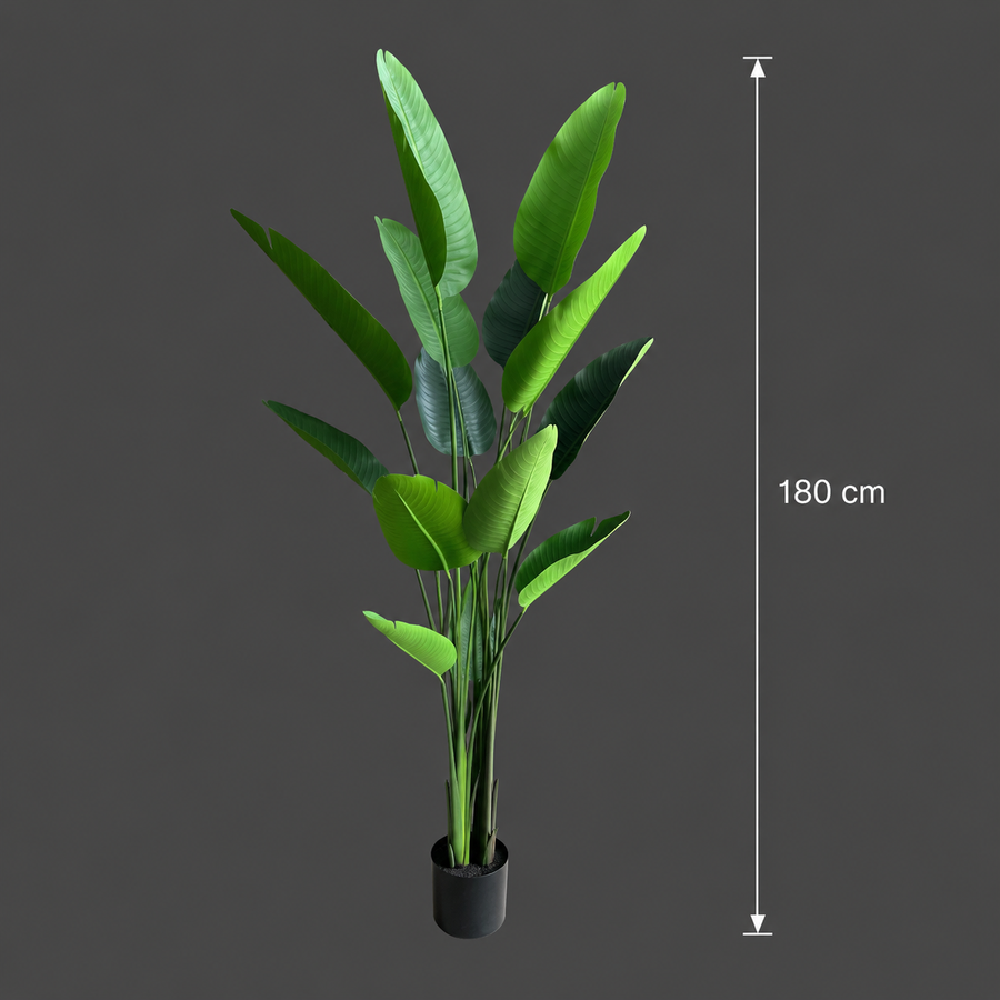 Pianta artificiale tipo Strelitzia Nicolai (Uccello del Paradiso), 180 cm, 13 foglie, Verde
