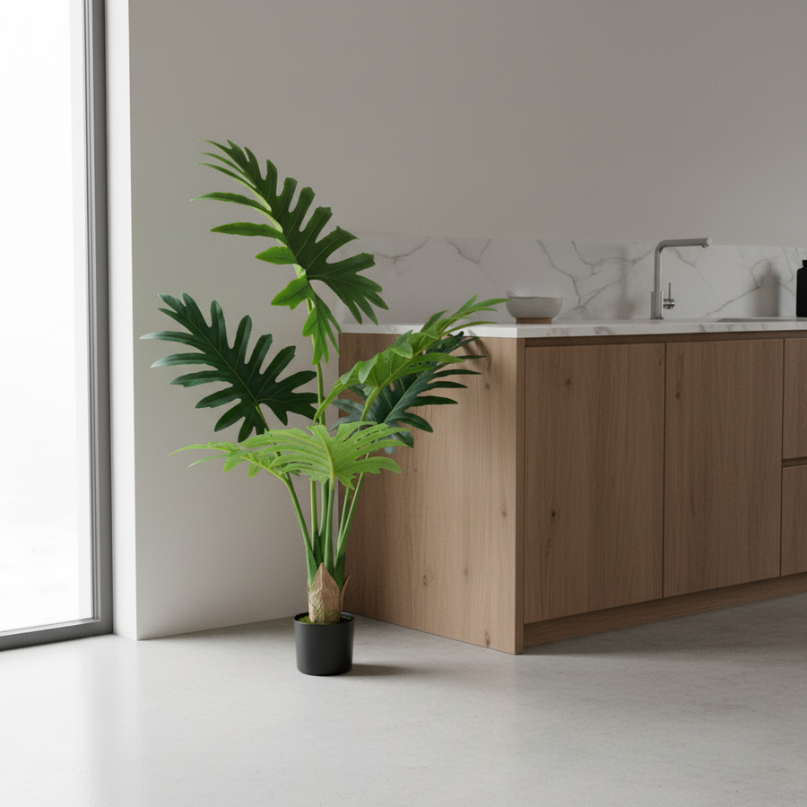 Pianta artificiale tipo filodendro, 6 foglie, 120 cm, verde