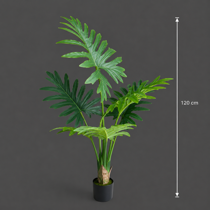 Pianta artificiale tipo filodendro, 6 foglie, 120 cm, verde