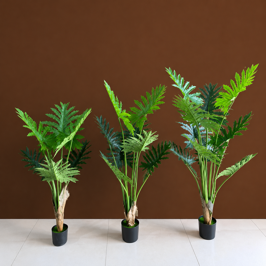 Pianta artificiale tipo filodendro, 6 foglie, 120 cm, verde