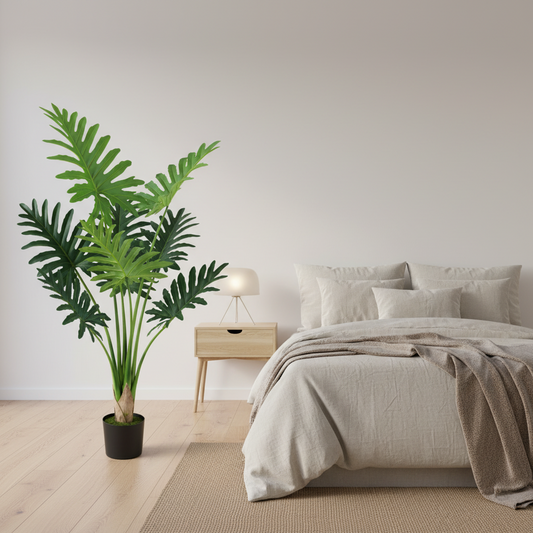 Pianta artificiale tipo filodendro, 8 foglie, 140 cm, verde