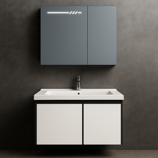 Set Mobile Bagno con Specchio LED e Mobile Lavabo Sospeso, 60x70 cm, Bianco e Nero, Design Moderno Minimalista Titolo predefinito Alessandro Design