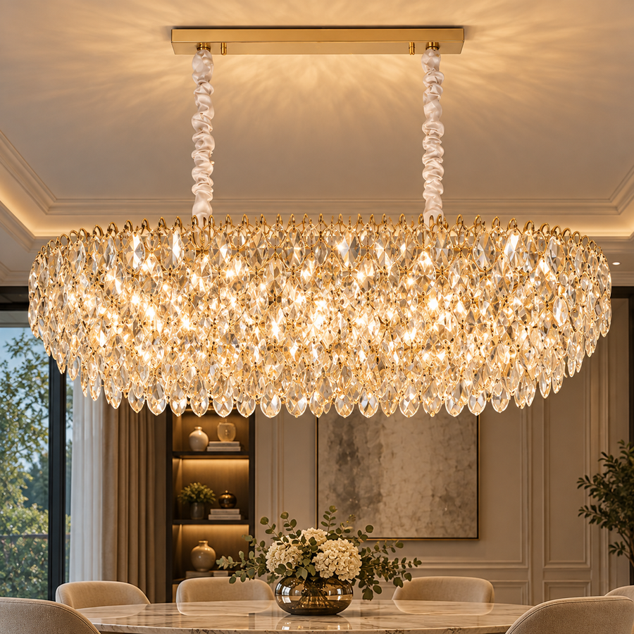 ERDENET Supremo Lampadario in cristallo, 12xE14, 92x38x36 cm, Metallo e cristallo, Oro lucido, Altezza regolabile