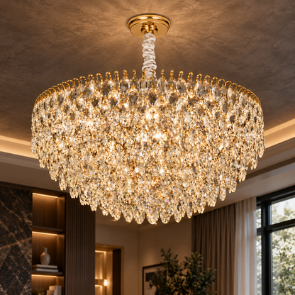 ERDENET Eleganza Lampadario Cristallo, 9xE14, Diametro 50 cm, Metallo e Cristallo, Oro Lucido, Altezza Regolabile