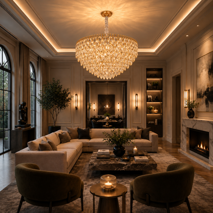 ERDENET Regalis Lampadario Cristallo, 22xE14, Diametro 80 cm, Metallo e Cristallo, Oro Lucido, Altezza Regolabile