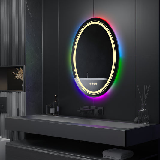 Specchio LED Rotondo, 70 cm, Celeste MotionGlow Marcello, Luce RGB, Altoparlante Bluetooth, Sistema Antiappannamento, Orologio e Termometro, Dimmerabile 70X70BTRGB Marcello Specchi Titolo predefinito Alessandro Design