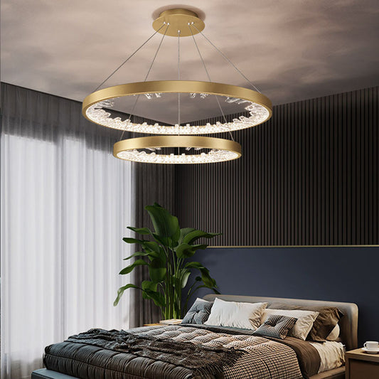 Lampadario LED a Sospensione con Telecomando, Cristalli K9, 73W, 2 Cerchi, 60 cm, Luce Fredda/Calda/Neutra, Dimmerabile, Oro, Lampadari LED con Telecomando Ad Altezza Regolabile Titolo predefinito Alessandro Design