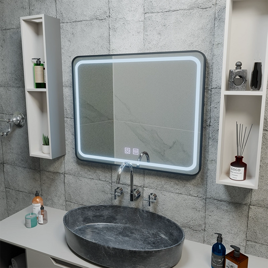 Specchio rettangolare a LED 80x60 cm - Sistema EDGE Touch Demister, cornice nera