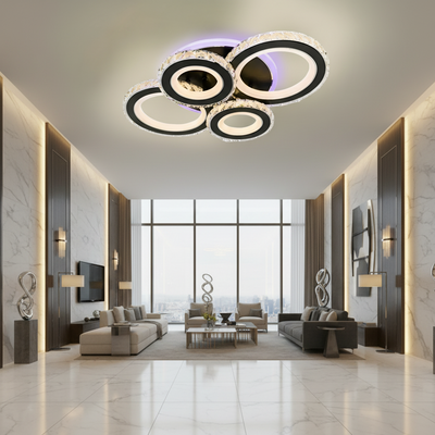 Lampadario LED con telecomando e cristallo NOVA ROTONDA RGB 82W, 4 Cerchi, Luce Fredda/Calda/Neutra, Dimmerabile, Nero