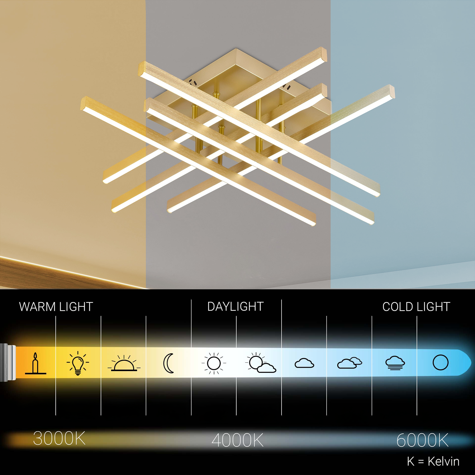 Lampadario LED con Telecomando LINEX, 108W, Luce 3000K/4000K/6000K, Dimmerabile, Oro Lampadari LED con Telecomando Titolo predefinito Alessandro Design