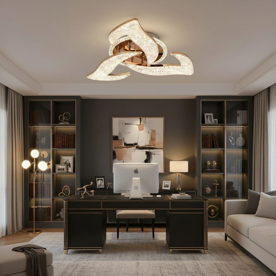 Lampadario LED HALESA Elegance con telecomando e cristallo, 44W, 3 sorgenti, Luce Fredda/Calda/Neutra, Dimmerabile, Oro
