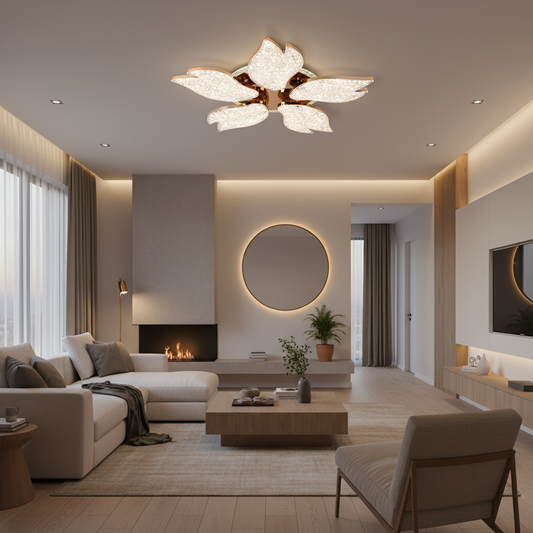 BLUME Magno Lampadario LED con telecomando e cristallo, 79W, 5 Sorgenti, Luce Fredda/Calda/Neutra, Dimmerabile, Oro