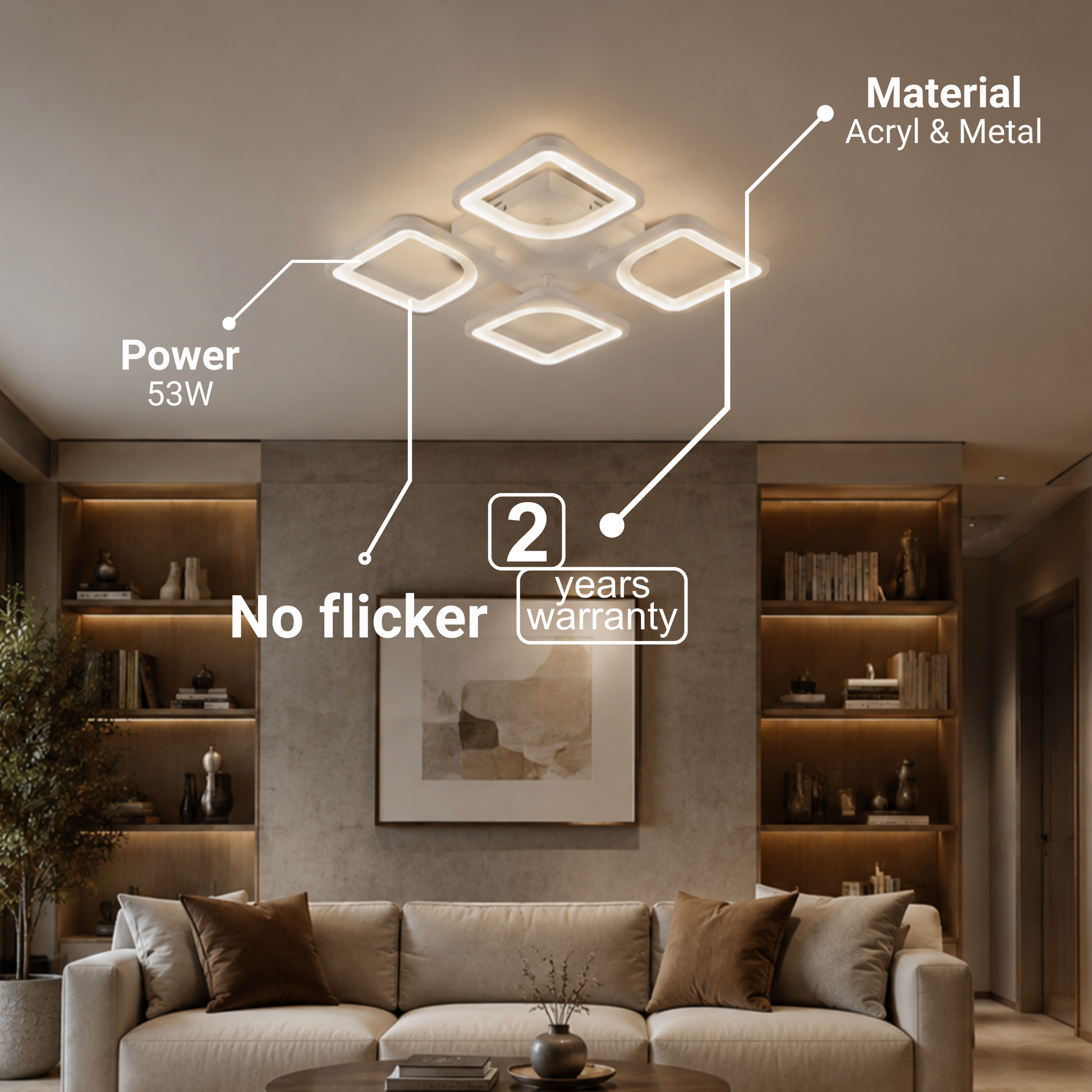 Lampadario a LED con telecomando ZOE 53W, 4 Quadrati, Luce Fredda/Calda/Neutra, Dimmerabile, Lampadario a LED Bianco con telecomando Titolo predefinito Alessandro Design
