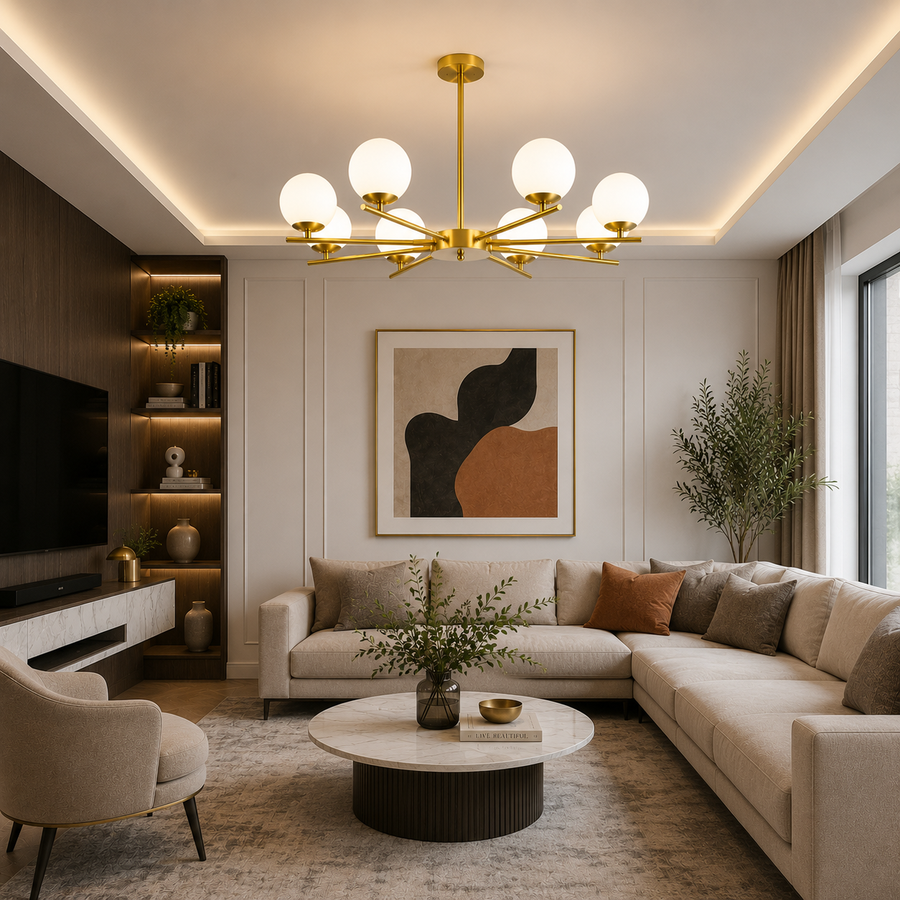 Lampadario classico NUUK, 93x57 cm, 8xE27, metallo e plastica, oro